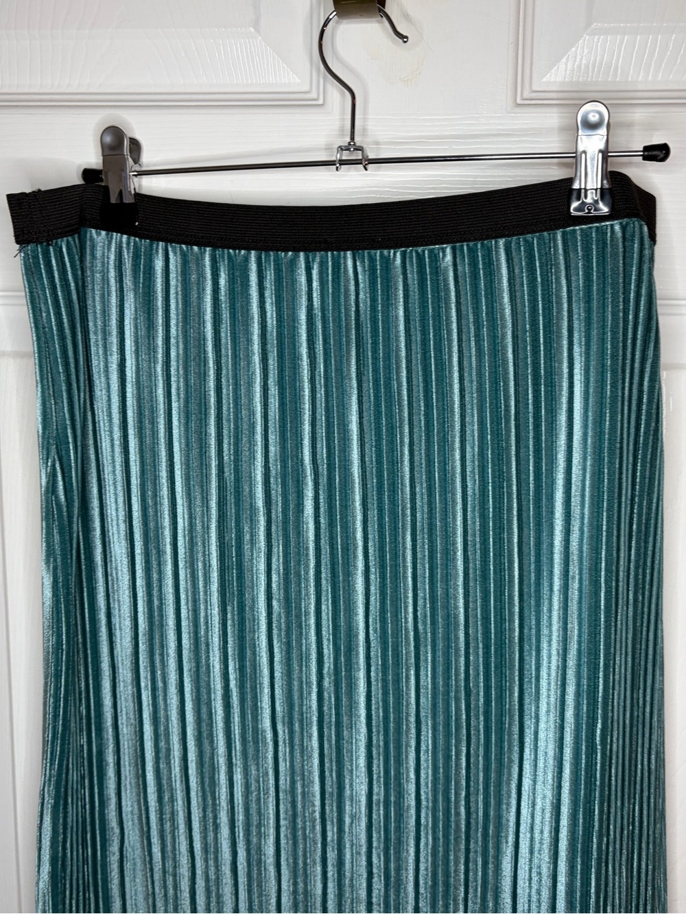 Leith Teal Blue Green Pleated Midi Velour Velvet Skirt Black Elastic Waistband L - Picture 10 of 13